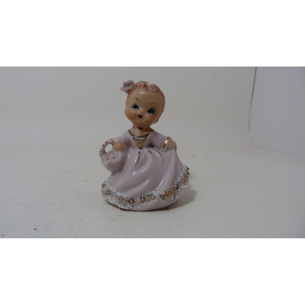 Vintage Mid Century Ceramic Girl Figurine Bell Lavender Spaghetti Trim Japan